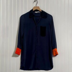 See by Chloe Womens 6‎ Silk Colorblock Tunic Shirt Navy Orange Office Siren